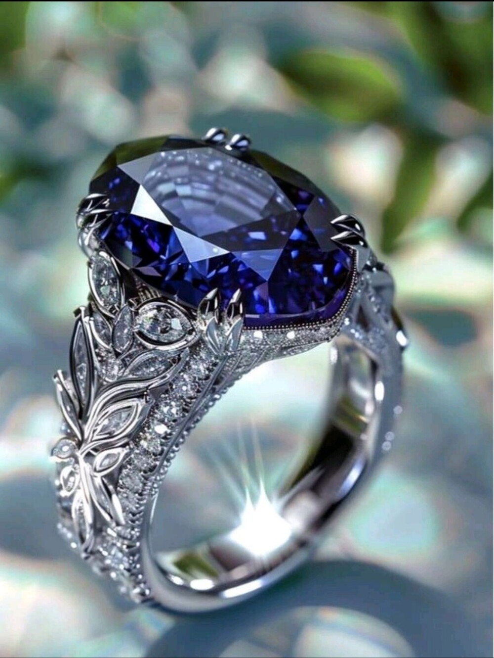 BRAND NEW ** Silver Floral Halo Ring with Deep Blue Gemstone